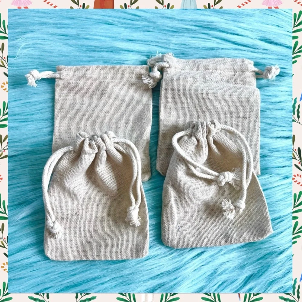 Set of 4 Burlap Canvas Drawstring Bags Rustic Gift Favor Jewelry Spice Pouches